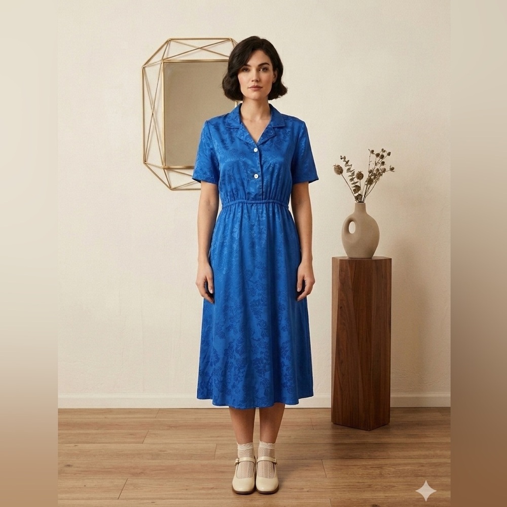 Vintage 80s Royal Blue Floral Jacquard Midi Dress Short Sleeve Retro Minimalist - Picture 2 of 9